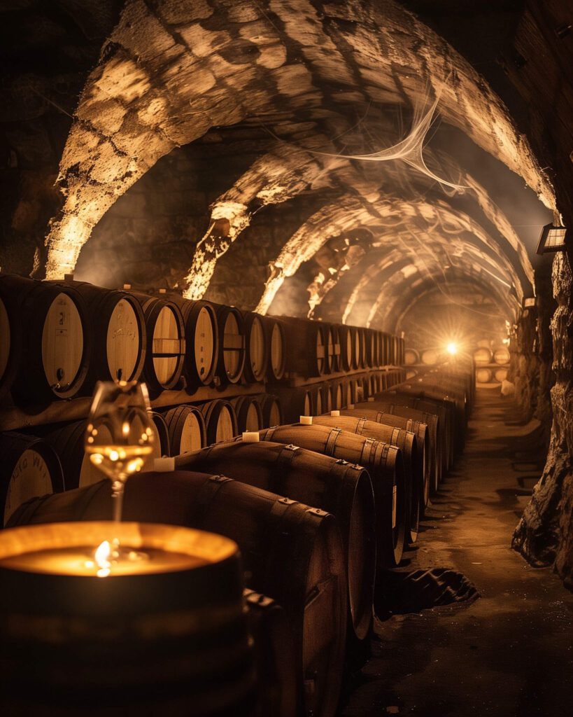 Interior cramă tradițională românească cu butoaie de stejar și degustare de vin