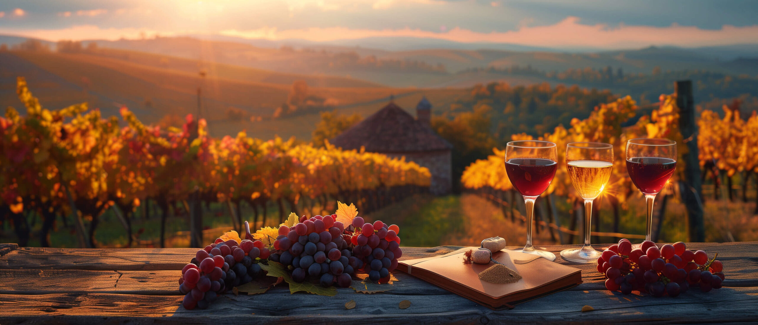 Degustare de vinuri românești cu Fetească Neagră, Tămâioasă și vinuri albe pe masă rustică cu vedere către podgorii