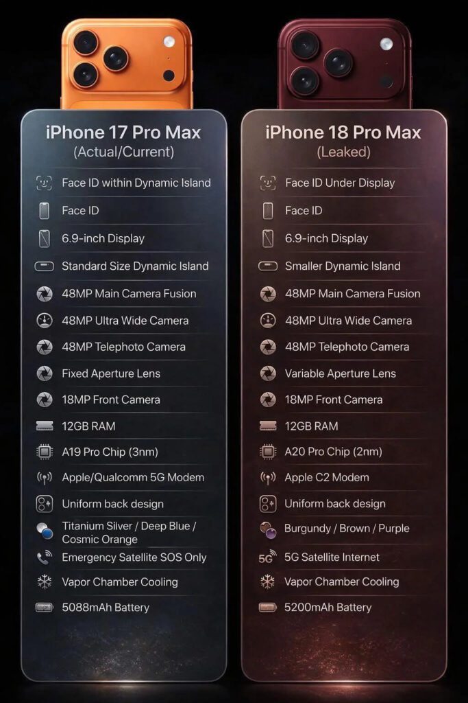 comparație iPhone 17 Pro Max vs iPhone 18 Pro Max zvonuri